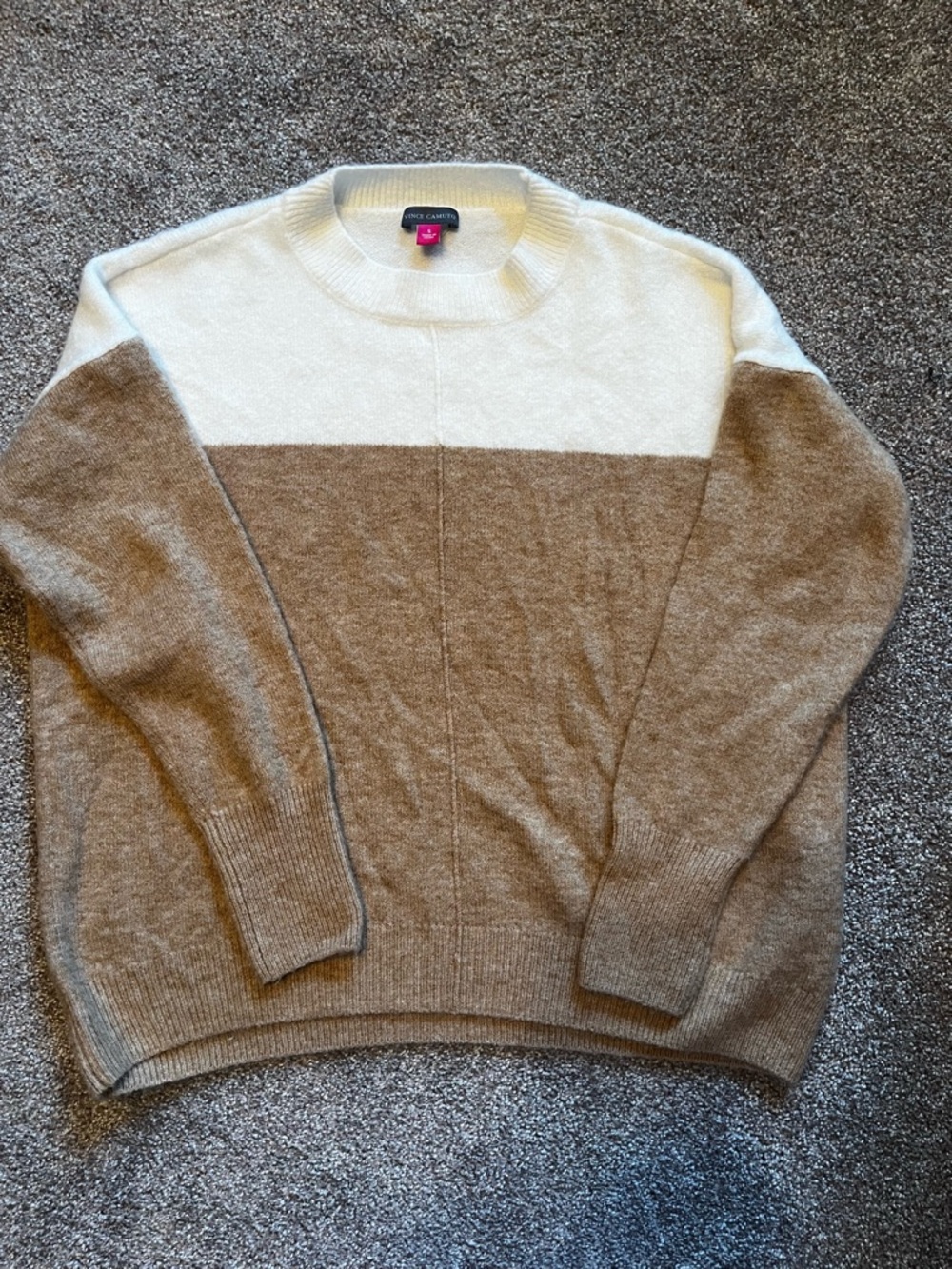 Vince Camuto Two-Tone Crewneck Sweater in Cream and Brown